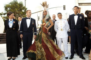 Lady Gaga, center, at the 2010 MTV Video Music Awards. Accompanying her are, from left, Stacy Vasquez, a former Army SFC, Mike Almy, former AF major, and (far right) David Hall, former AF staff sergeant, all discharged under DADT; and Katie Miller, a West Point cadet who resigned in August in protest against the law. photo credit/OFCB